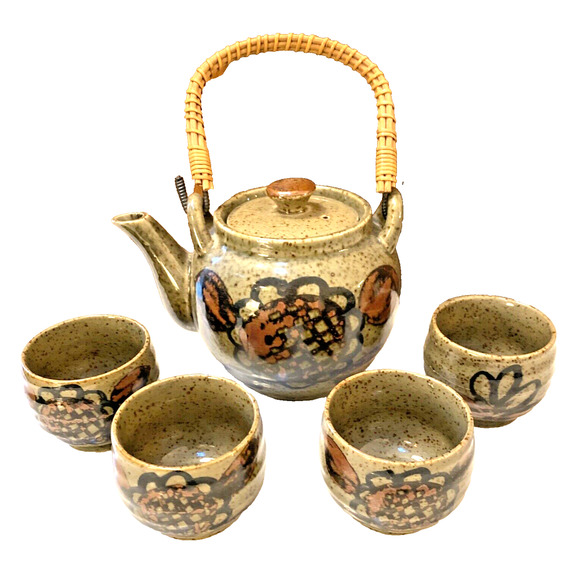 Vintage OMC Japan Tea Set Art Pottery Teapot & 4 Cups Stoneware Floral 70s Decor - Picture 1 of 12